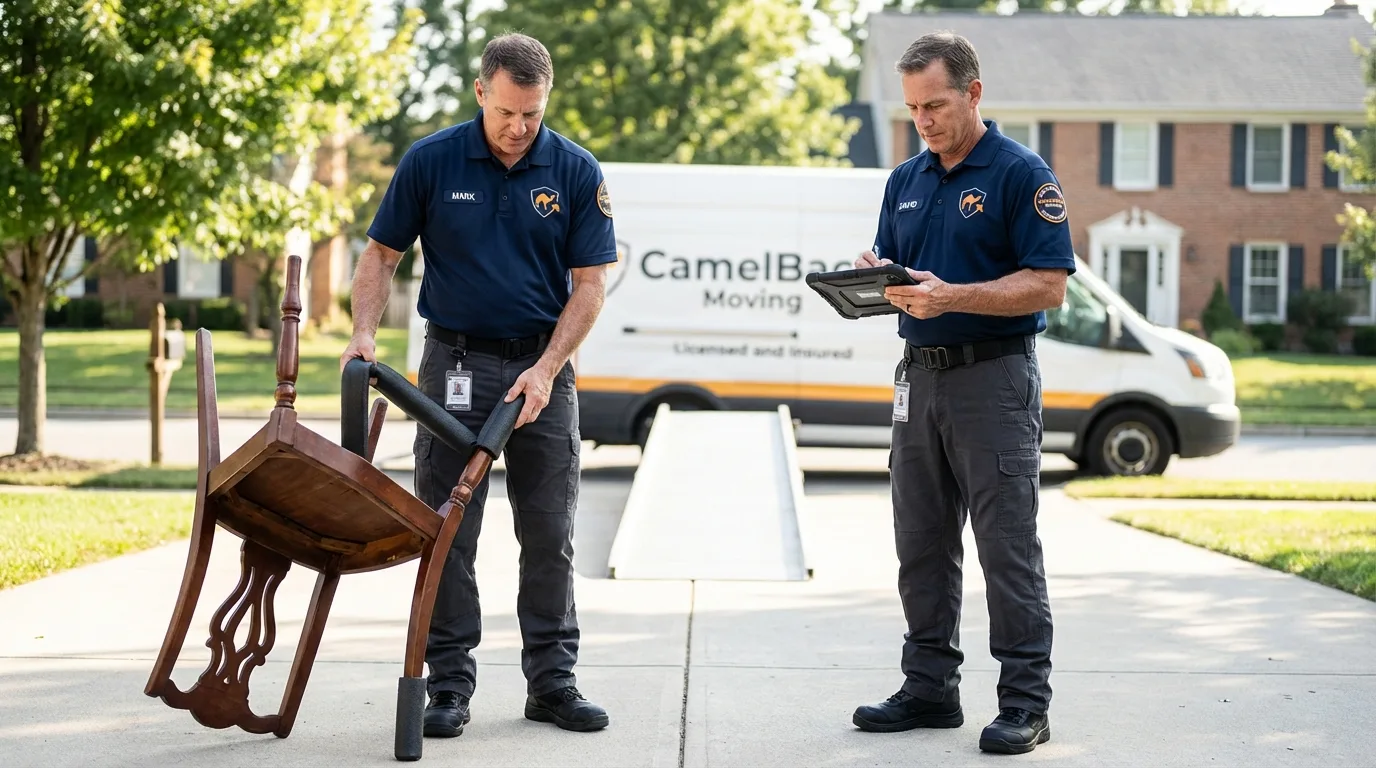 Movers inspecting furniture for damage prevention before loading in Hebron, KY