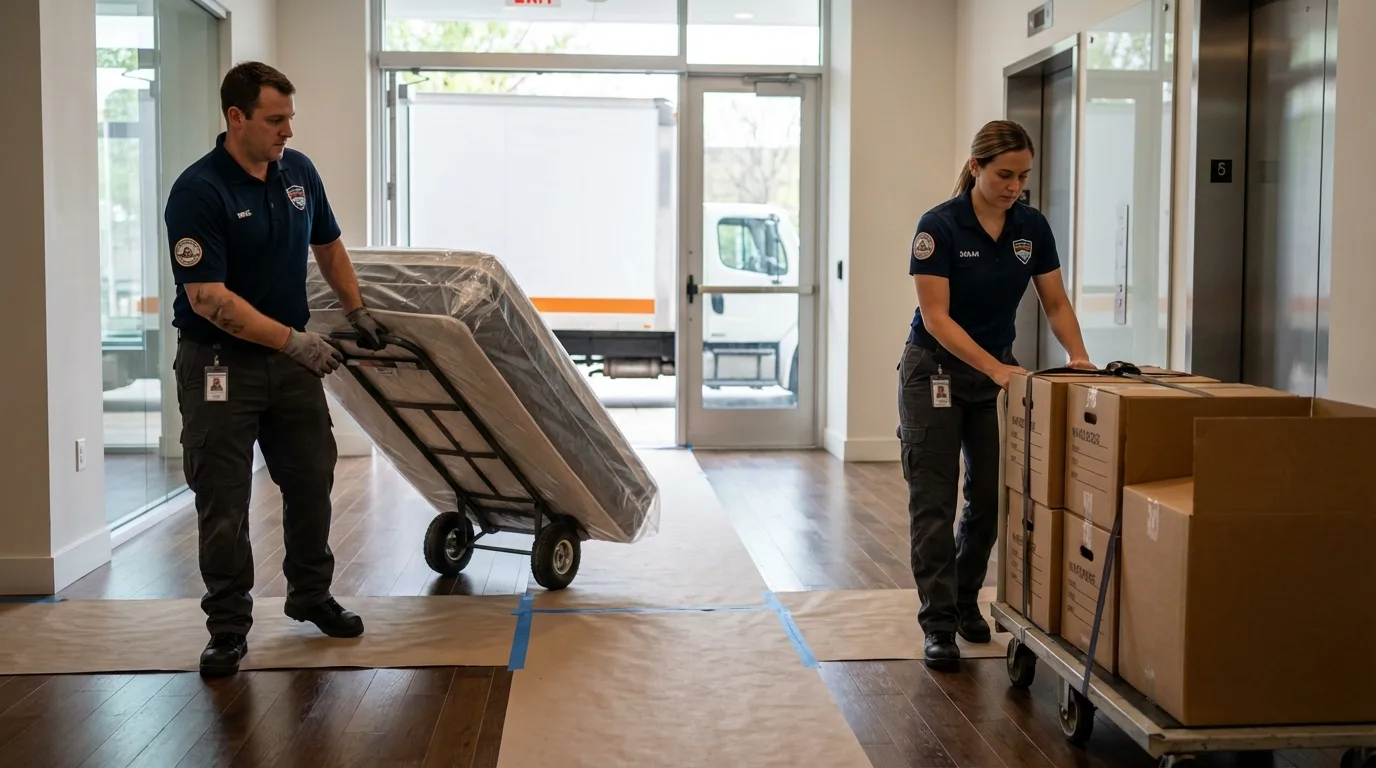 Professional apartment movers loading elevator in Hebron, KY